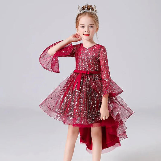 Children's Clothing Female Trumpet Sleeve Flower Girl Skirt Long Tail Red Princess Children's Dress Performance Costume