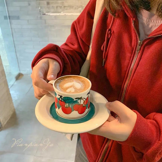 Finland Ins Same Paragraph Medieval Mint Green Grass Coffee Cup Saucer Milk Mocha Ceramic Cup Flower Tea Cup Cherry