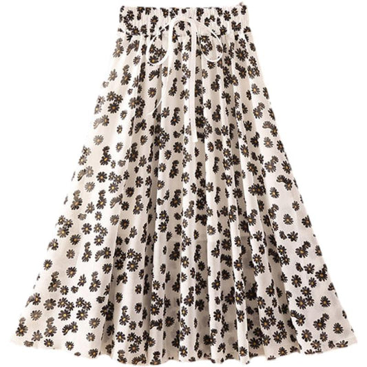 Women's Elastic Waist Pleated Floral Skirt Summer High Waist Mid-length A-line Draping Chiffon Fairy Dress