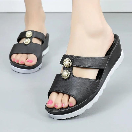Heightening Slippers Women's Summer Thick-soled High-heeled Sandals Outdoor Wear Non-slip Platform Shoes Sandals Rhinestone Stitching Slippers