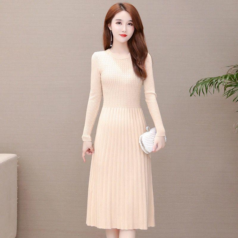 Autumn and Winter Slim-fit Inner Base Skirt Mid-length Casual Pleated Skirt Solid Color Over-the-knee Women's Sweater Dress