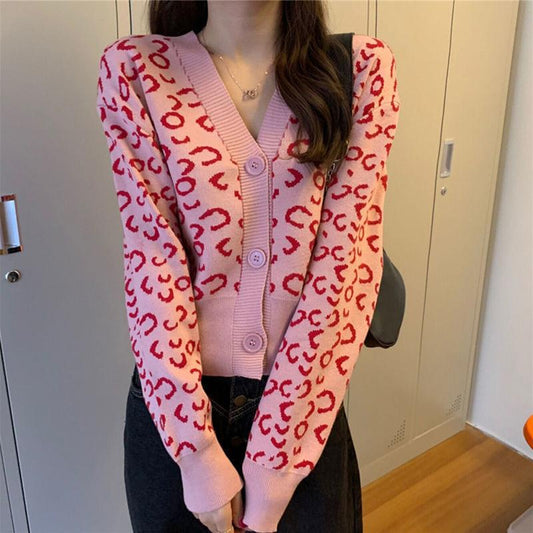 Spring Contrast Color V-neck Long-sleeved Short Leopard-print Knitted Cardigan Women's Outer Slim Sweater Coat