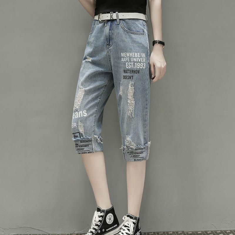Summer Plus Size Loose and Ripped Printed Cropped Trousers Women's Fashion Slim Straight-leg Jeans