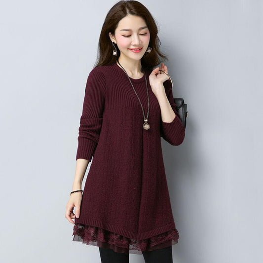 Autumn and Winter Lace Sweater Fashion Knit Mid-length Bottoming Shirt Slim Simple Dress