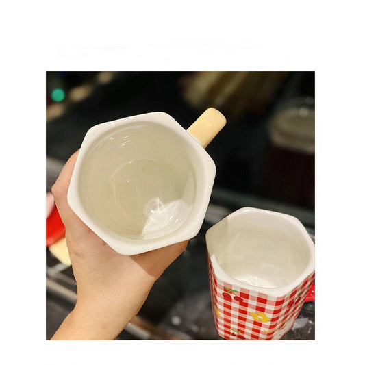 Ins Style Girl Heart Ceramic Mug with Lid Spoon Cute Straw Water Cup Coffee Cup Breakfast Milk Oatmeal Cup