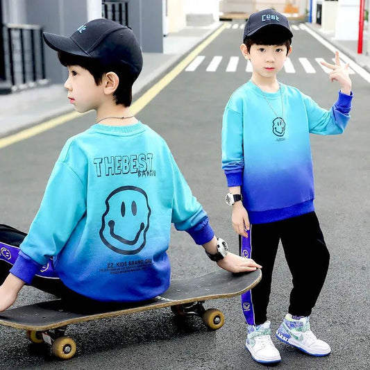 Boys Spring and Autumn Sports Set Long-sleeved Pullover Round Neck Smiley Pattern Printing Gradient Color Sweater Trousers Two-piece Set
