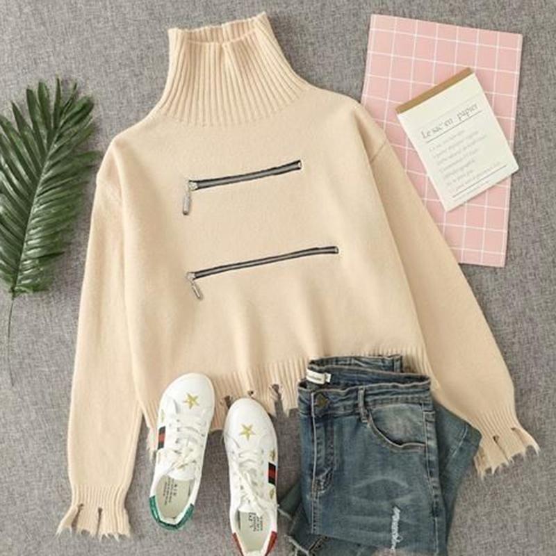 Women's Solid Color Trendy Fashion Zipper Slim Bottoming Sweater High Neck Tassel Short Knit Sweater