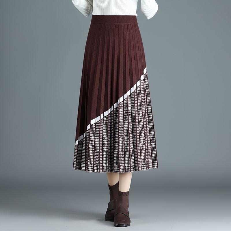 Women's Knitted Skirt Autumn and Winter Thick Retro Knit A-line Skirt High Waist Long Knitted Pleated Skirt Thousand Island Grid Stitching