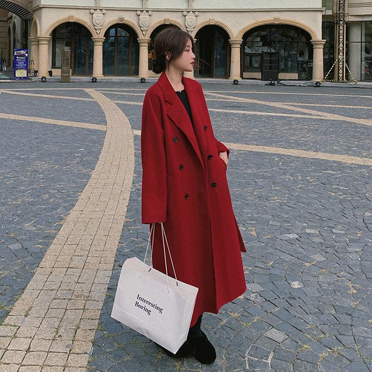 Quilted Thick Woolen Coat Women Mid-length Korean Loose Winter Hepburn Style Woolen Coat