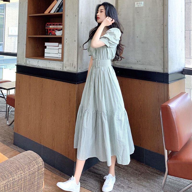 Female Simple French Retro Elegant Travel Dress Bubble Sleeve Square Neck Waist Slim Little Fresh Dress