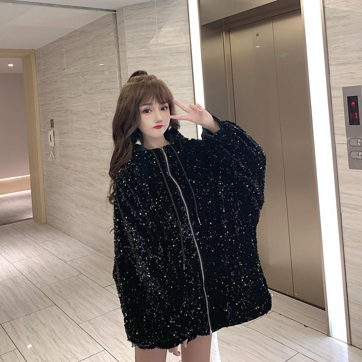 Starry Sky Hooded Zipper Jacket Women's Loose Short Glossy Jacket Regular Jacket Women's Spring and Autumn Seasons