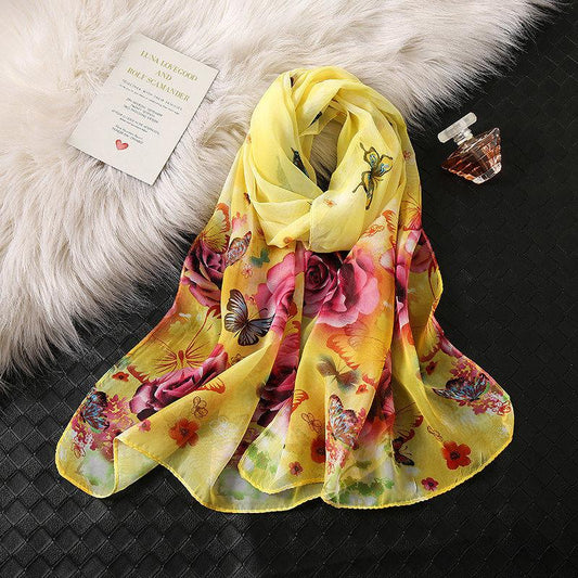 Women Chiffon Silk Scarf Sunscreen 155*45cm Oversized Printed Holiday Seaside Beach Shawl