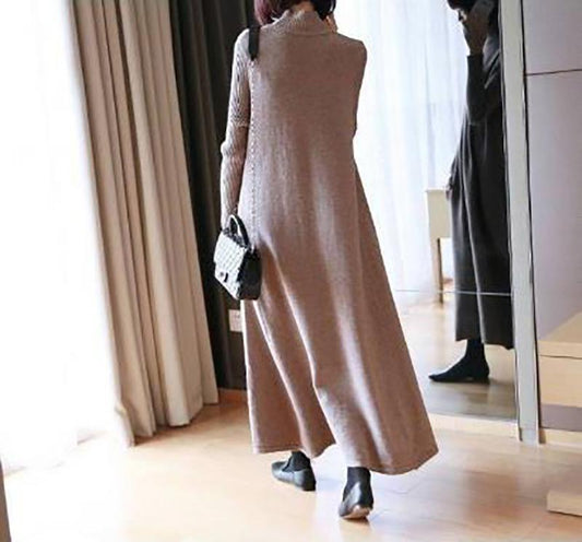 Autumn and Winter Thick and Big Swing Knit Dress Half High Neck Over The Knee Long Inner Matching Coat Loose Sweater Skirt