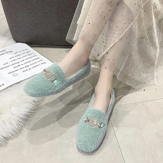 Temperament Women's Shoes Plus Velvet Winter All-match Flat-bottomed Thick-soled Cotton Shoes Thickened One-pedal Fur Shoes Moccasin Shoes