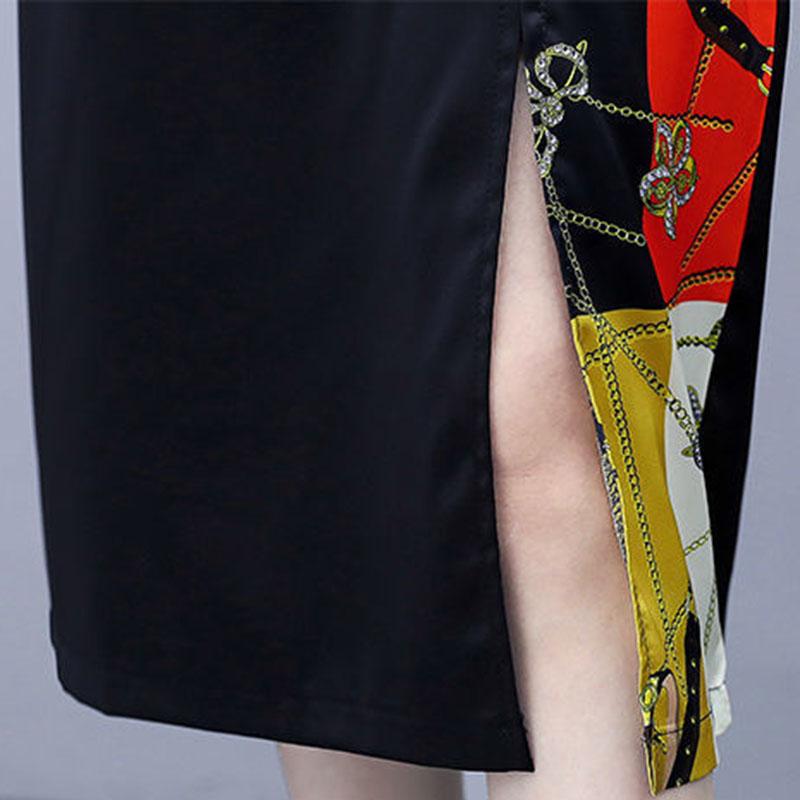 Women's Summer Short Sleeve Dress Slim Print Round Neck Skirt Slit Lace Up