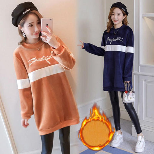 Maternity Winter Clothes Set Gold Velvet Pregnant Women Breastfeeding Top Plus Velvet Thick Mid-length Sweater Maternity Dress