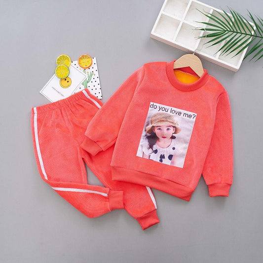 Double-faced Fleece Girls Two-piece Long-sleeved Plus Fleece Sweater Pants Spring, Autumn and Winter Simple Fashion Suit Middle Small Children