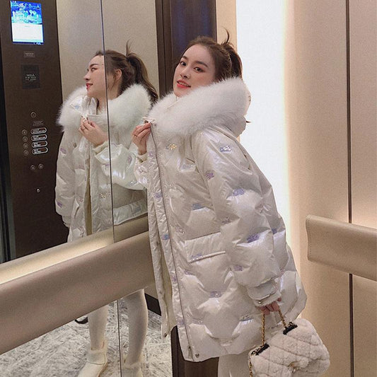 Fluffy Big Fur Collar Disposable Sequins Shiny Down Padded Jacket Women Mid-length Thick Loose Bread Coat Warm Cotton Coat Jacket Women
