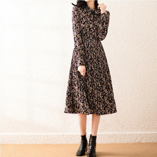 Chiffon Floral Long-sleeved Dress Women's Spring and Autumn Dress Waist Slim Temperament Retro Light Familiar Style Pleated Long Skirt