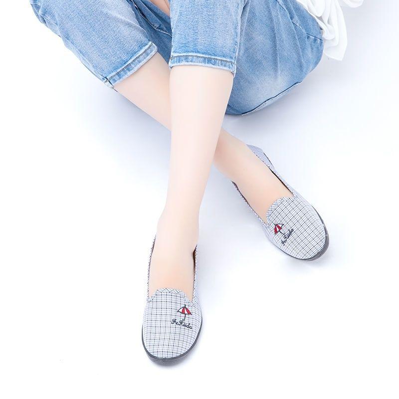 Middle-aged and Elderly Canvas Plaid Single Shoes Flat Shallow Mouth Cloth Shoes Breathable Comfortable Women's Shoes