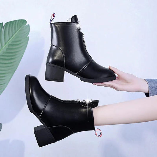 Women's Autumn and Winter Warmth and Velvet High-heeled Ankle Boots Round Toe Front Zipper Chunky-heel Martin Cotton Boots
