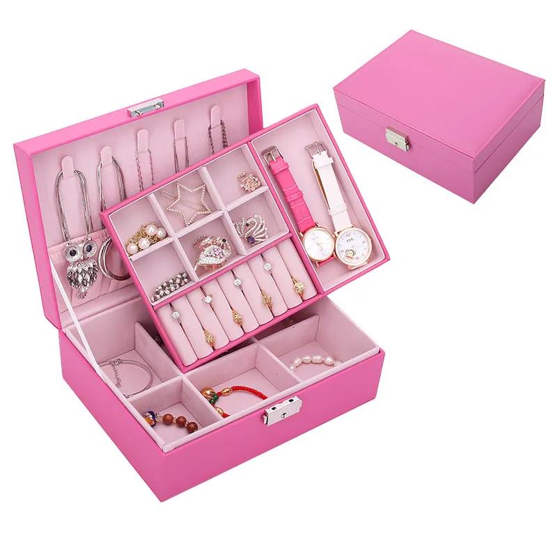 Jewelry Box Leather with Lock European Double Wood Jewelry Storage Box Earrings Ring Necklace Jewelry Storage Box