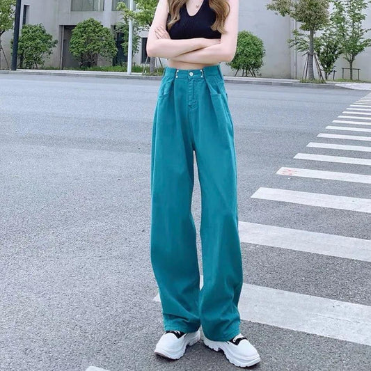 High Waist Leaps Jeans Female Loose Thin Four-color Straight Mop Pants