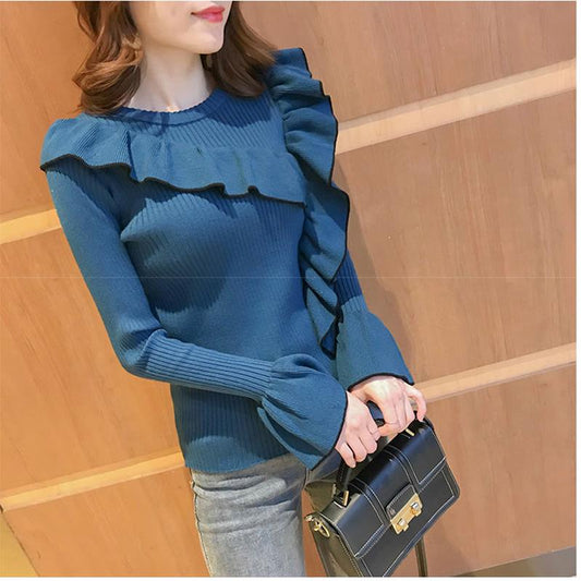 Frilled Round Neck Sweater Sweet Flared Sleeve Sweater Autumn and Winter Ins Blouse