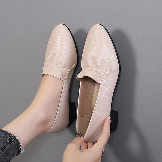 Soft Leather Shoes Women's Low Bottom Thick Heel Round Toe Soft Bottom Middle Heel Work Shoes Women's Leather Shoes