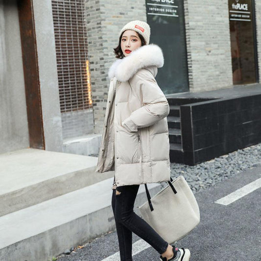 Down Jacket Women's Mid-length White Duck Down and Real Fur Collar Warm Winter Fashion Korean Style Slim Coat