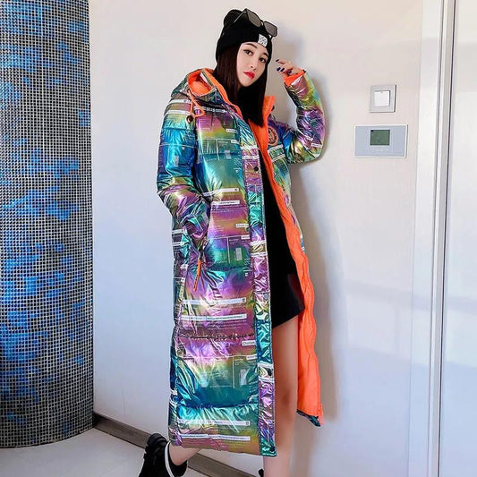Colorful Bright Face Cotton-padded Jacket Women's Long Section Over The Knee Thickening Plus Size All-match Cotton Jacket Women's Jacket