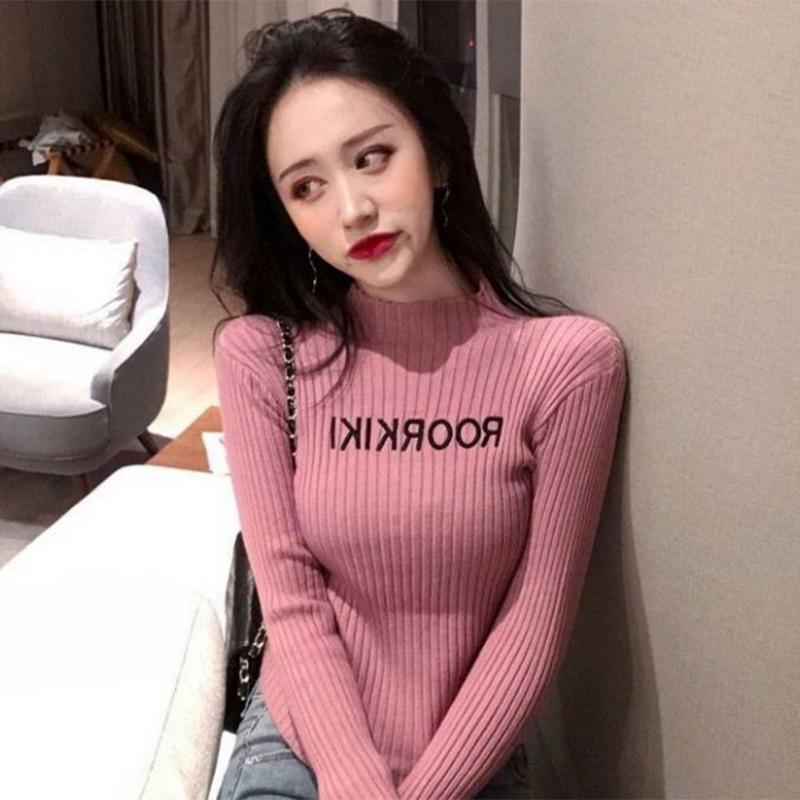 Pofulove Retro Slim Long Sleeve Pullover Half Turtleneck Lettering Sweater Knit Sweater Top