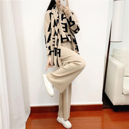 3pcs/set Knit Suit Women's Causul Letters Printed Knitted Sweater + Scarf+Knitted Pants 3 Piece Set Ladies Outfits Autumn Spring