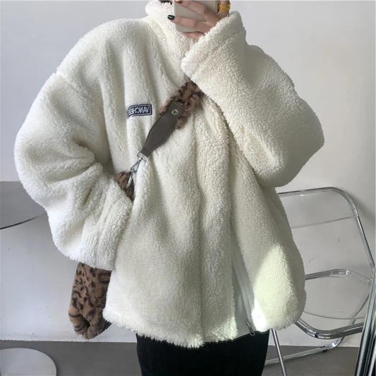 Double-sided Lamb Velvet Jacket Winter Ladies Korean Version of Loose Stand-up Collar Thick Jacket Suitable for Young Women