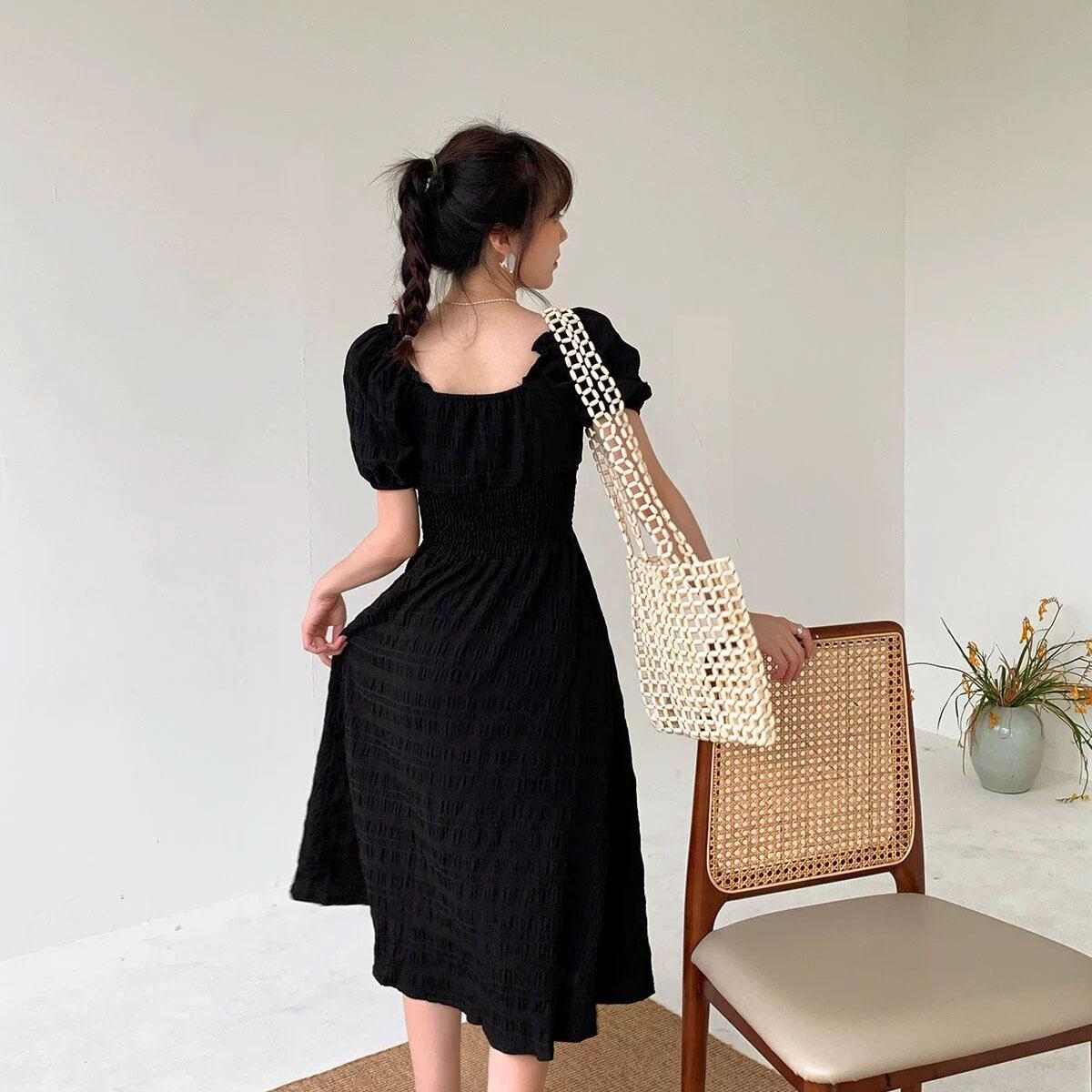 Female Simple Elegant Retro Platycodon Grandiflorum French Solid Color Square Collar Waist Show Slim Dress