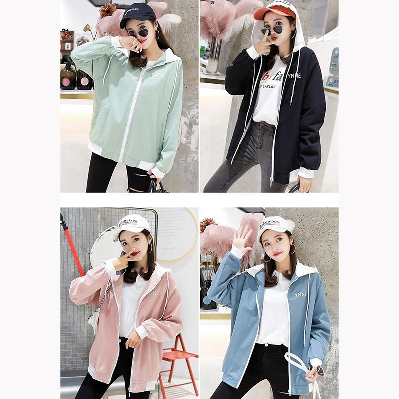 Spring and Autumn Short Hooded Jacket Womens' Letter Printed Double Lining Loose Thin Jacket Cardigan Top Double Layer Lining