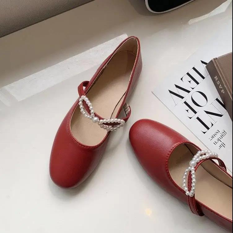 Flat Leather Shoes Women's Pearl Single Shoes Retro Round Toe Mary Jane Word Buckle Shoes Women's Flat Comfortable Round Toe Shoes