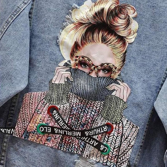 Female Spring Large Size Casual Print Denim Coat Women's Autumn Long Sleeve Loose Buttons Lapel Denim Jacket