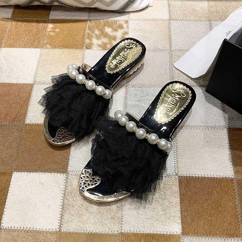 Plus Size 36-40 Summer Women Outdoor Flat Bohemian Beach Flip Flops Wear-resistant Non-slip Office Lady Lace Pearl Sandals