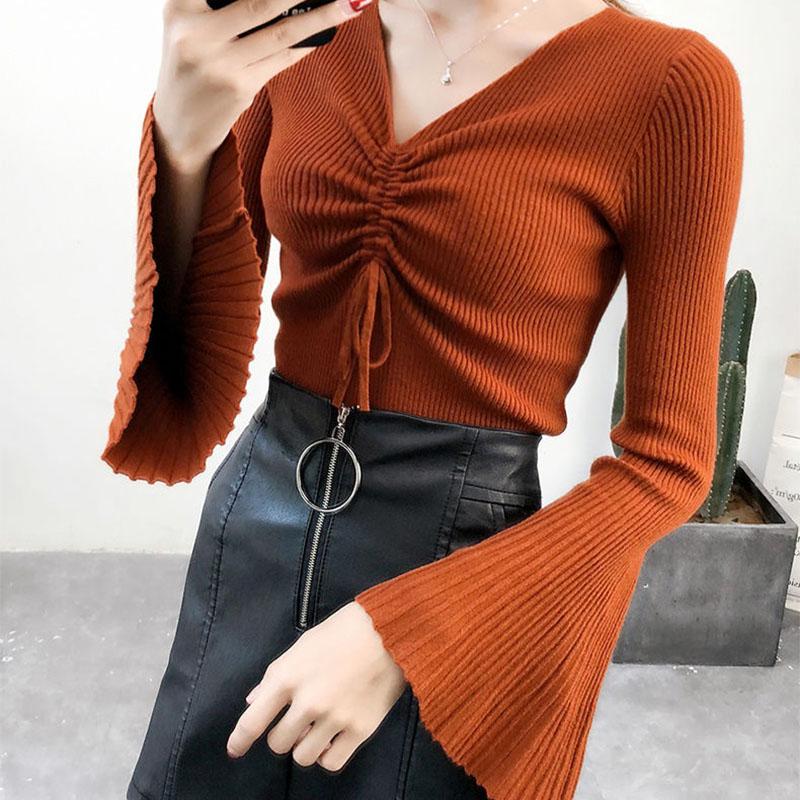 2021 Early Autumn Sweater Women's V-neck Drawstring Long-sleeved Pleated Flared Sleeve Sweater Top Bottoming