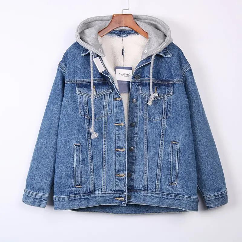 2021 Winter New Plus Velvet Thick Lamb Wool Denim Jacket Women Loose Korean Style Hooded Denim Cotton Jacket