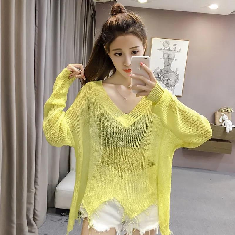 Ice Silk Sweater Sun Protection Clothing Loose Hollow Female Pullover Sweater Thin Air-conditioning Shirt Blouse Light and Comfortable