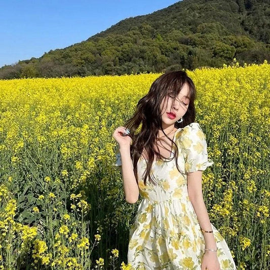 Women's Summer Dress Square Neck Floral Puff Sleeve Loose Skirt