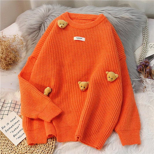 Bear sweater women's pullover loose autumn and winter new solid color loose thick wool sweater coat outer wear