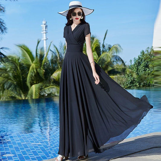 Summer Long Chiffon Dress Temperament V-neck Waist Slimming Long Dress Beach Long Dress Temperament Elegant Dance Dress