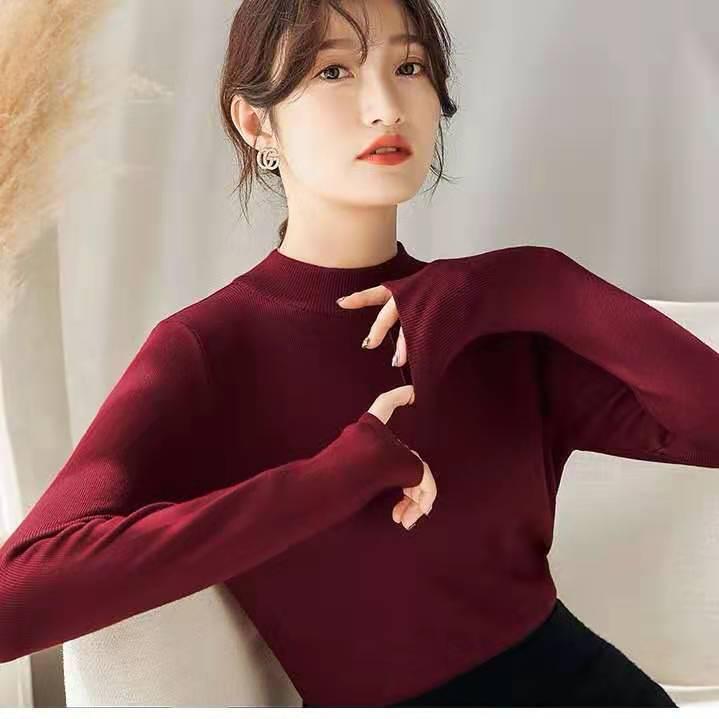 Pofulove Half-high Collar Bottom Shirt Women's Long Sleeve Knit Sweater Slim Black Top Autumn Winter