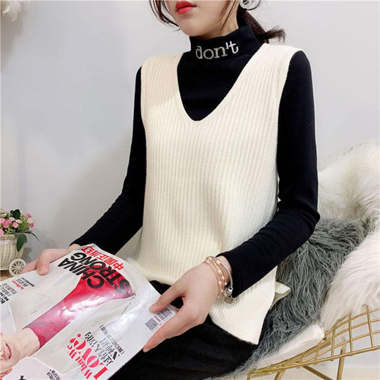 V-neck Knitted Short Vest College Style Solid Color Loose Vest Striped Casual Women's Sweater