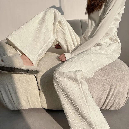 Women's White Knitted Wide Leg Pants Autumn and Winter High Waist Vertical Straight Pants Loose Printing Trousers Mopping Pants