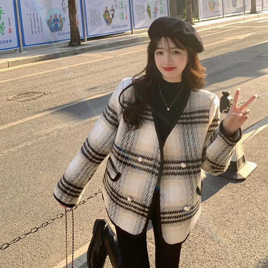 Temperament Xiaoxiang Style Coat Women's Mid-length V-neck Plaid Top Women's All-match Long-sleeved Casual Coat