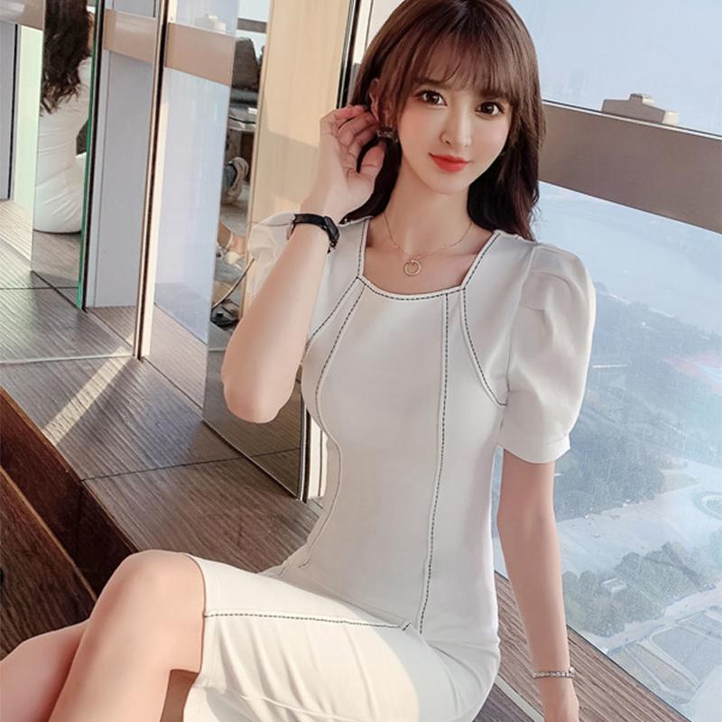 Goddess Fan OL Temperament Slim Slimming Professional Skirt Summer Dress Female Short-sleeved Square Neck Bag Hip Dress